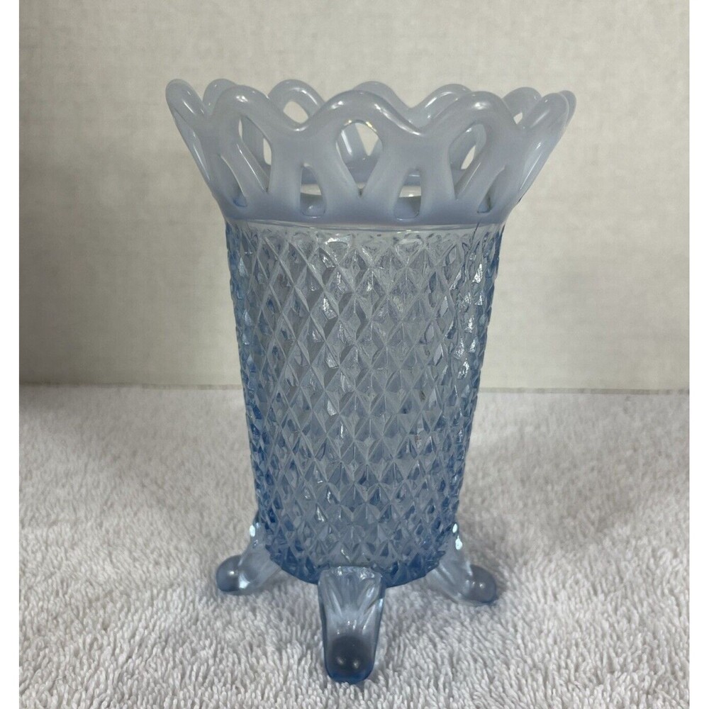 Imperial Glass Vase Katy Blue Opalescent Open Lace Footed  Diamond Quilt 5" Vtg
